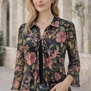 Vintage C.B. Collections Floral Sheer Overlay Tie Front Blouse Women S Y2K